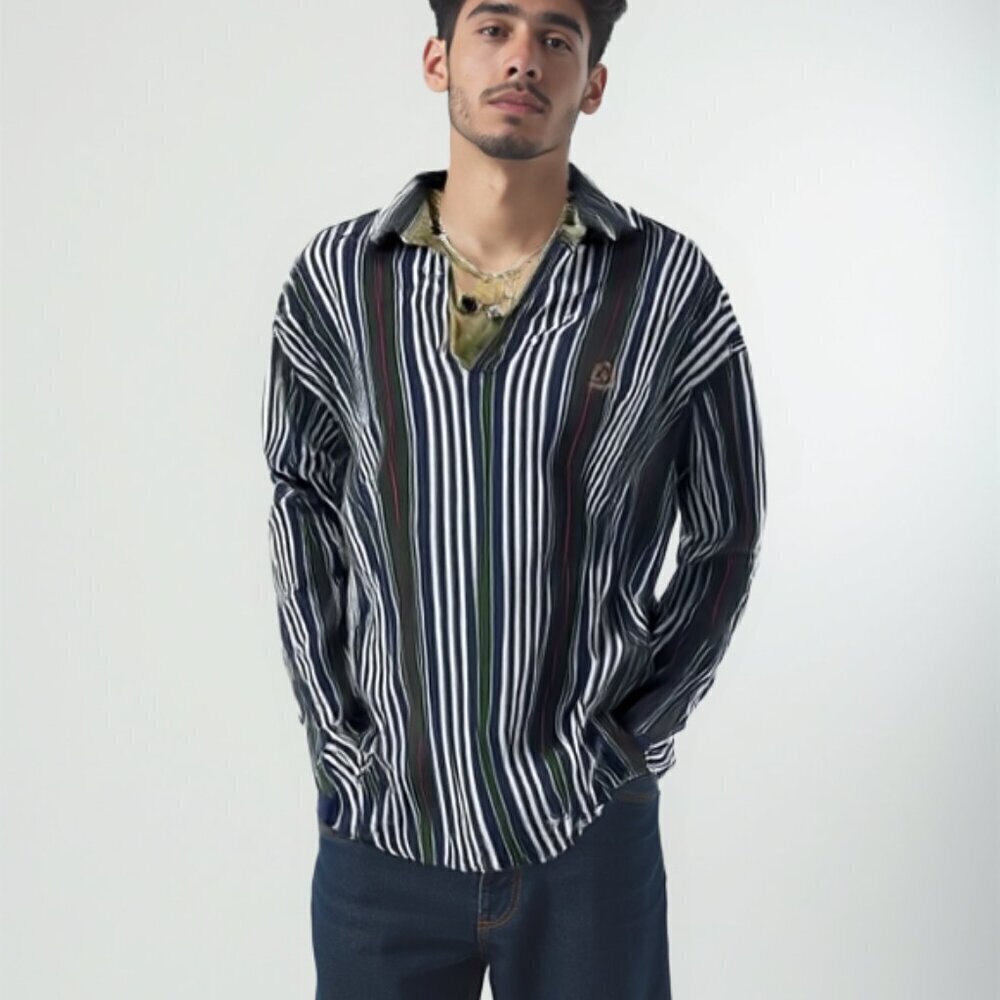 Vintage 90s Tommy Hilfiger Striped Long Sleeve Polo Shirt Black White Green Blue - Picture 2 of 12
